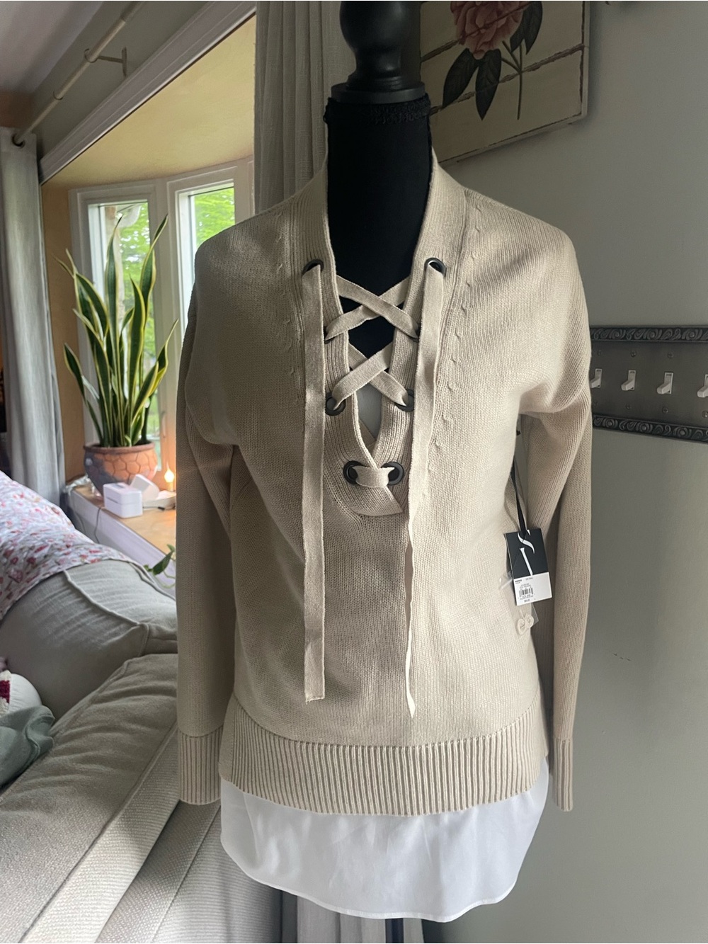 Vera Wang Beige Lace-Up V-Neck Knit Sweater